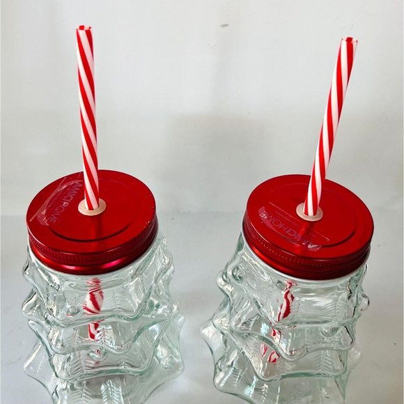 Amici Home Holiday Time 2 Clear Glass Christmas Tree Sipper with Red Lid Straw - Picture 2 of 14
